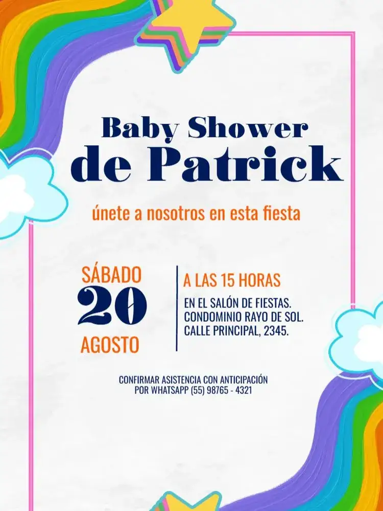 Invitación Baby Shower Estrella y Arco Iris Nube – tema Baby Shower colorido, lúdico, infantil, moderno, alegre, fantasioso