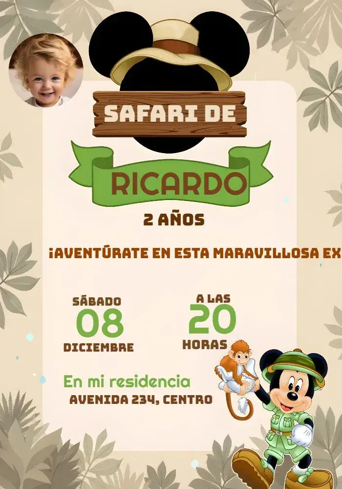 Invitación Mickey Safari Con Foto de Pluto – tema Más buscados safari, bosque, tropical, colorido, divertido, Disney