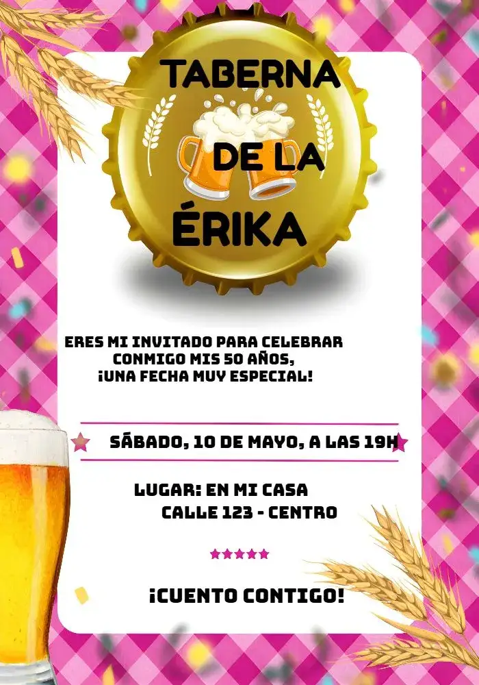 Invitación Boteco Malte – tema Cumpleaños taberna, moderno, divertido, cuadriculado, colorido, cerveza