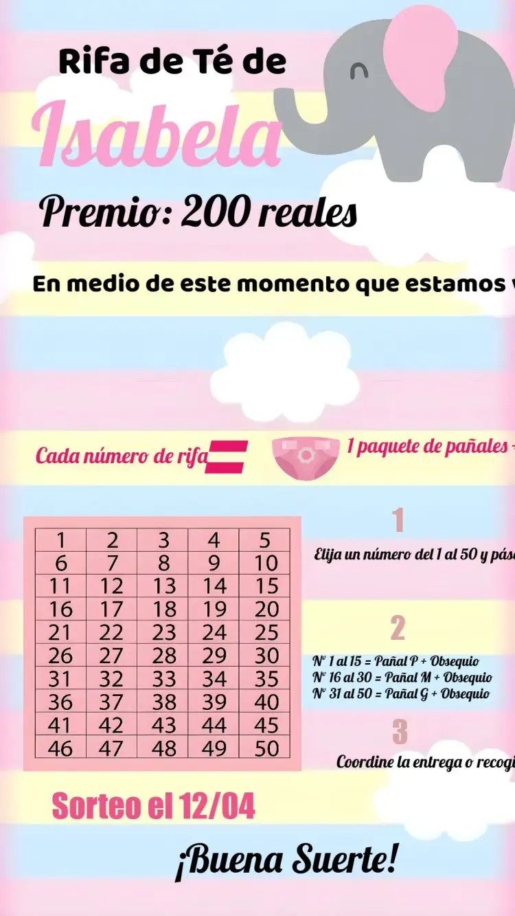 Invitación Té Rifa Elefantito Elefantita – tema Té Rifa moderno, delicado, lúdico, colorido, infantil, fofo