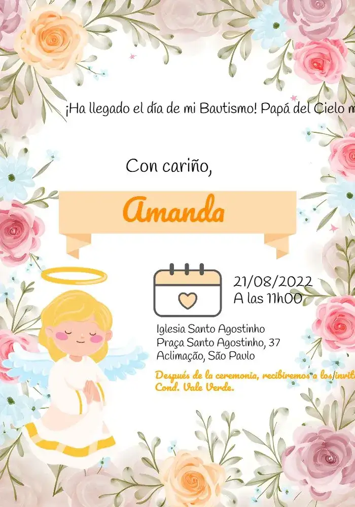 Invitación Bautizo Floral Naranja – tema Bautismo floral, colorido, moderno, delicado, alegre