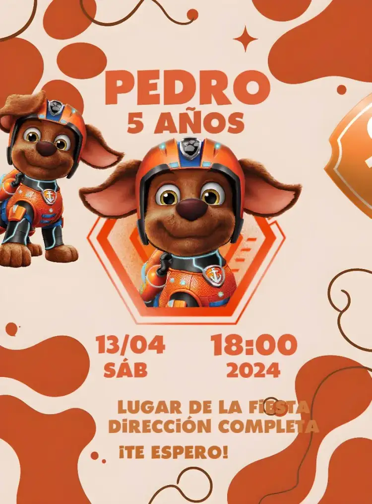Invitación Patrulla Canina Zuma Dibujo – tema Cumpleaños Infantil colorido, divertido, temático, ilustraciones de personajes, estilo cartoon