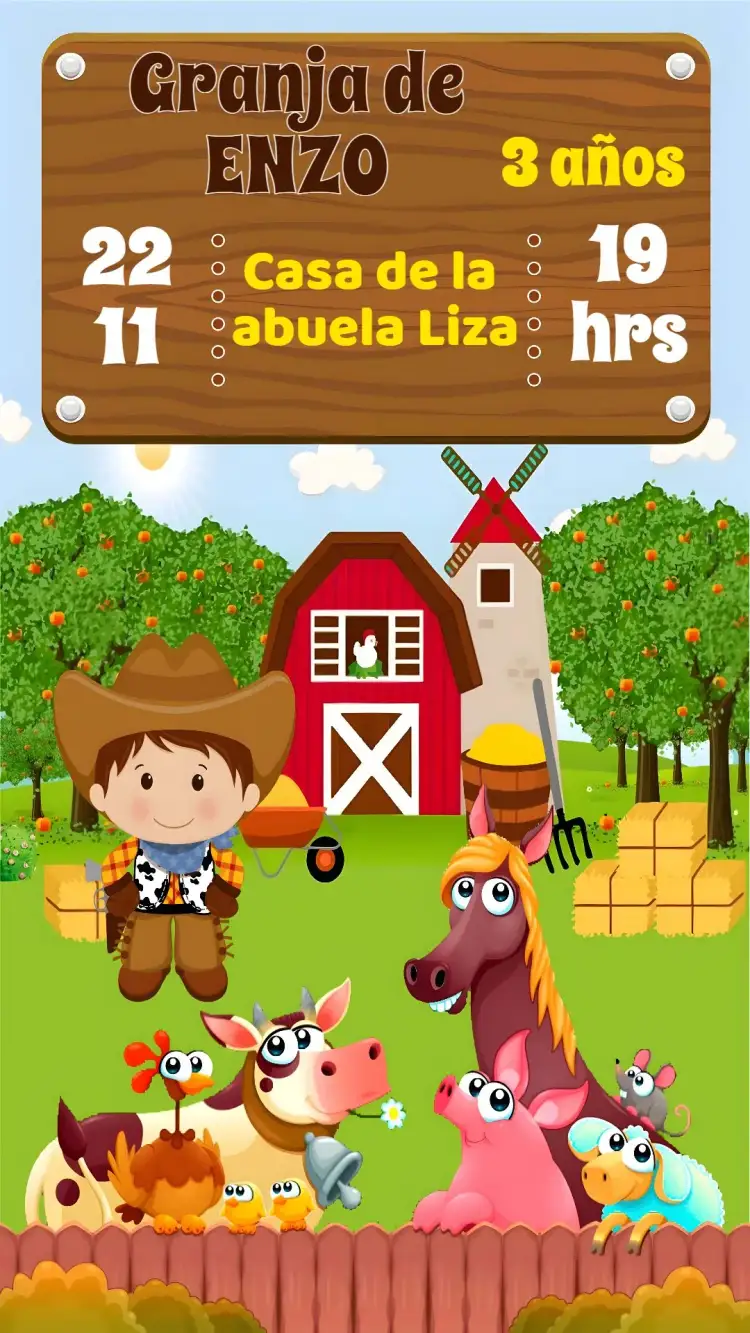 Invitación Granja – tema Cumpleaños Infantil rural, colorido, divertido, animales, naturaleza, vintage