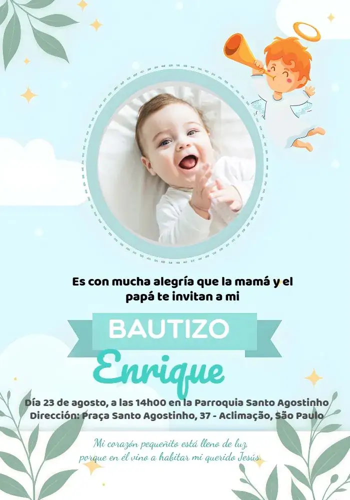 Invitación Bautizo Con Foto Verde – tema Bautismo verde, azul, blanco, minimalista, infantil, delicado
