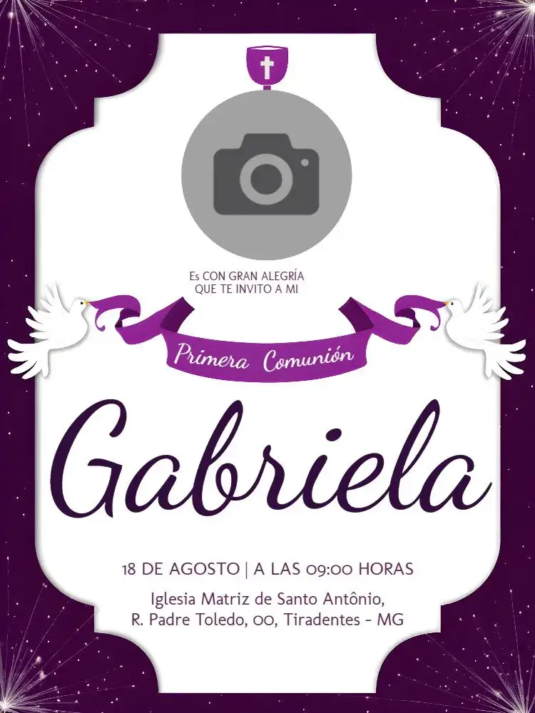 Invitación Primera Comunión Con Foto de Ángel – tema Primera Comunión púrpura, angelical, delicado, religioso, infantil, moderno