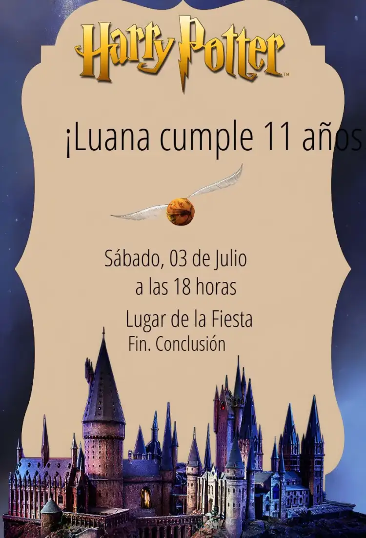Invitación Harry Potter Castillo Hogwarts Mágico – tema Cumpleaños Infantil mágico, fantasía, brujería, colorido, infantil