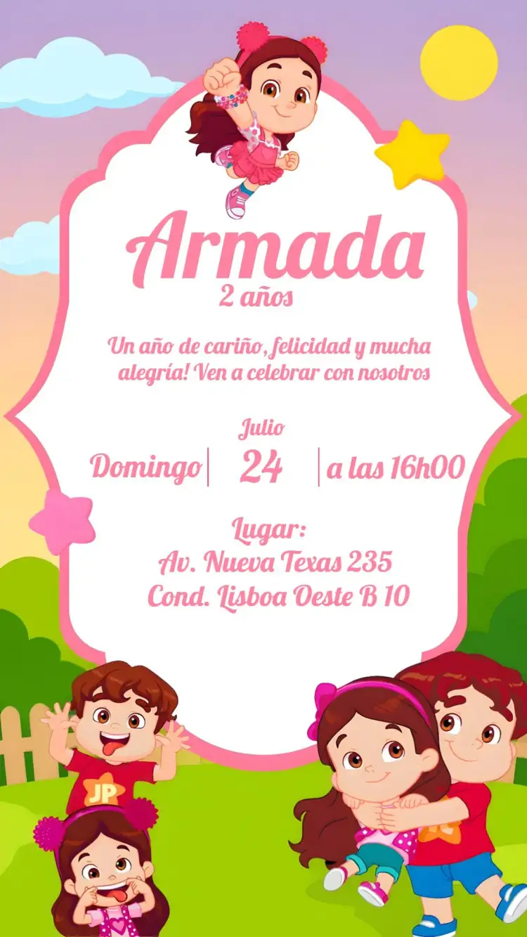 Invitación Maria Clara Y Jp Infantil – tema Más buscados colorido, rosa, divertido, infantil, alegre