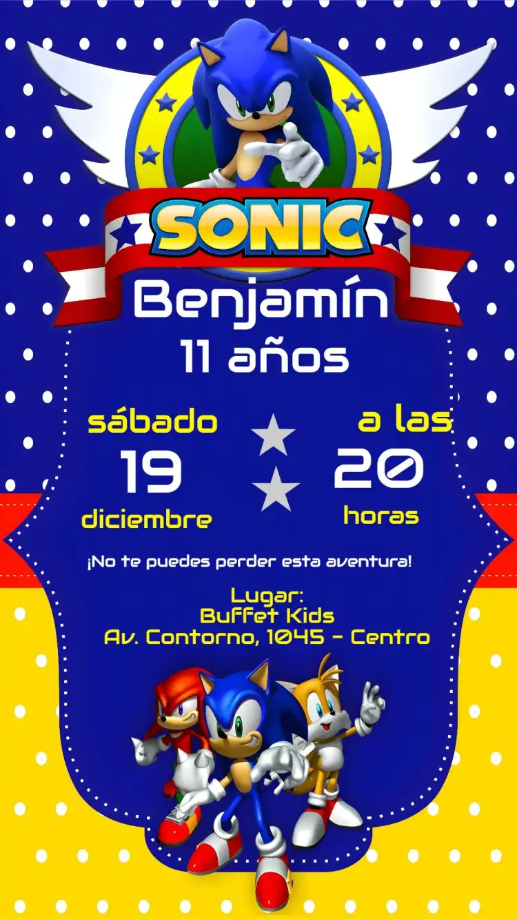 Invitación Sonic – tema Cumpleaños vibrante, divertido, colorido, jovial, temática de juegos