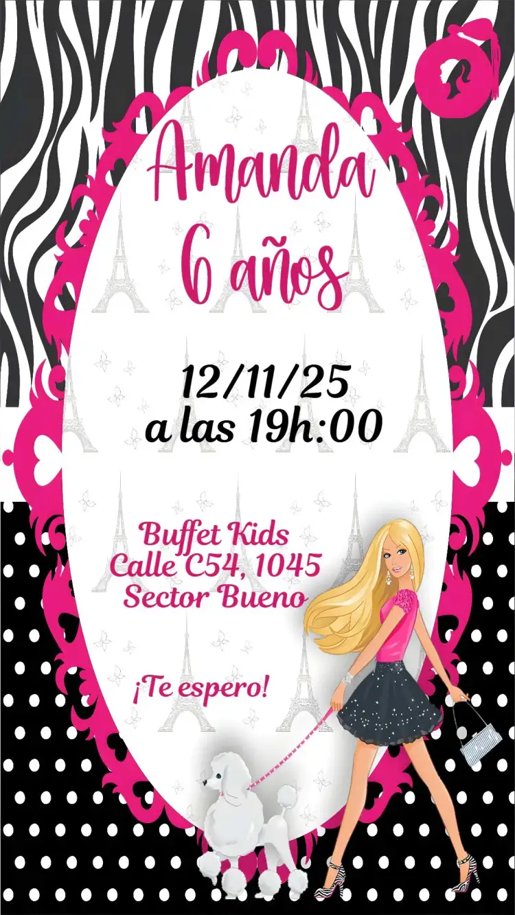 Invitación Barbie en París – tema Cumpleaños Infantil colores pasteles, estilo moderno, elementos gráficos de París, floral, vibrante, divertido