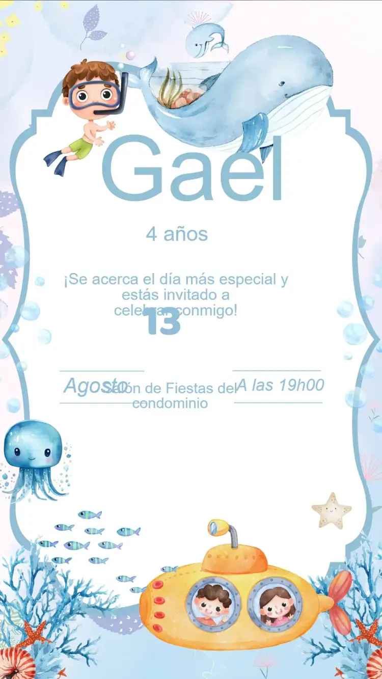 Invitación Invitación Cumpleaños Fondo del Mar – tema Cumpleaños Infantil azul marino, colorido, lúdico, divertido, tropical, aqua