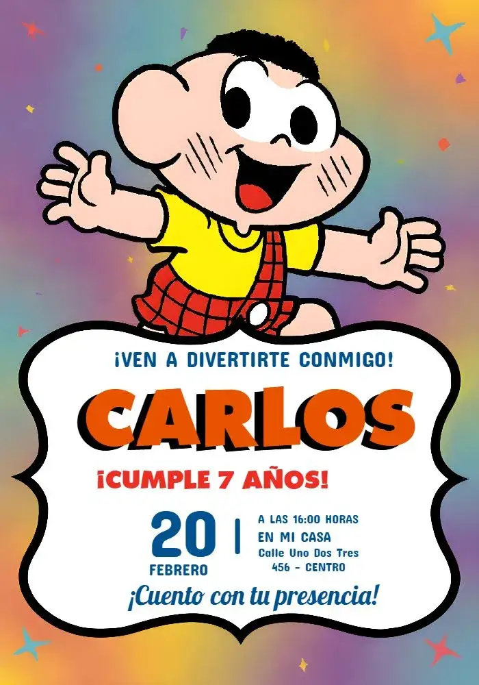 Invitación Cascão Turma Da Mônica Turmadamonica – tema Cumpleaños Infantil colorido, divertido, infantil, ilustraciones de la Turma da Mônica, diseño alegre, personajes animados
