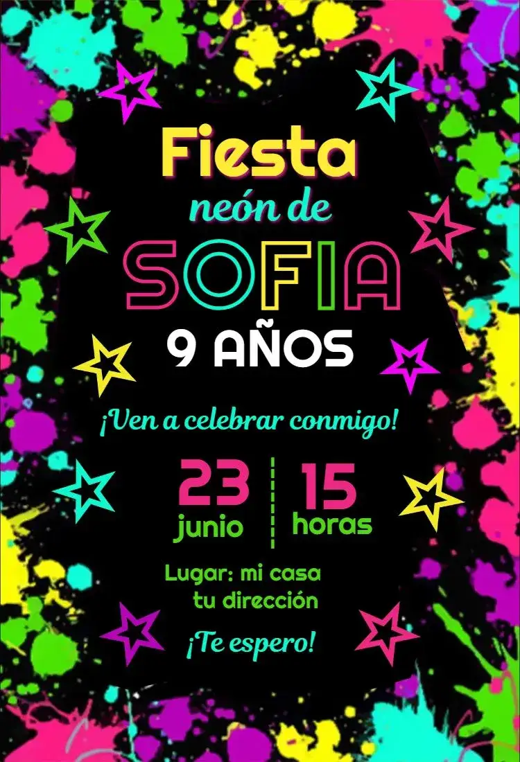 Invitación Neón 1 – tema Cumpleaños neón, colorido, moderno, divertido, adolescente, fiesta