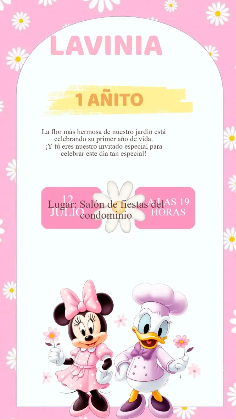 Invitación Invitación Cumpleaños Minnie y Margarita – tema Cumpleaños Infantil colorido, temático de Disney, divertido, alegre, infantil