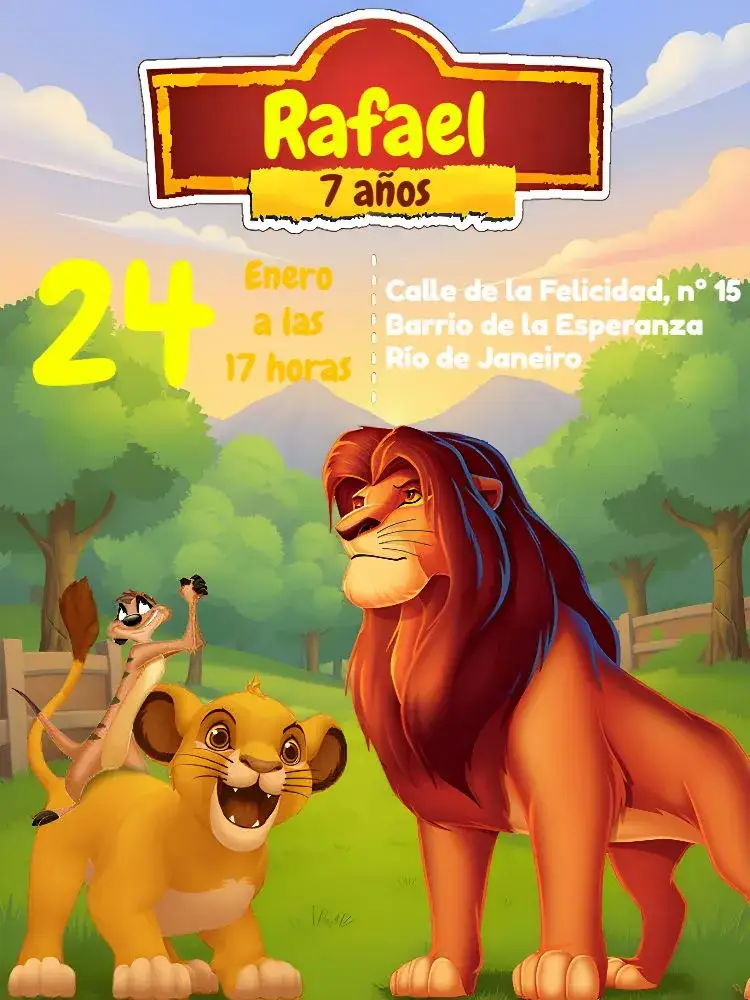 Invitación Rey León Naranja – tema Cumpleaños Infantil selva, colorido, divertido, infantil, tropical