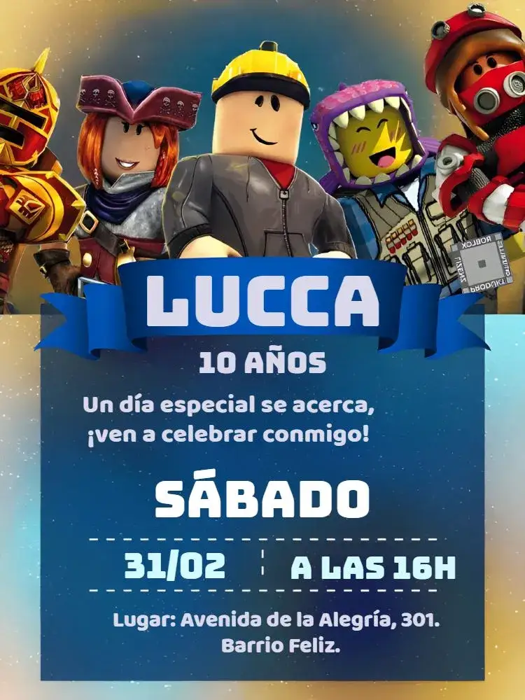 Invitación Roblox Niño Game – tema Más buscados azul, moderno, temático, juegos, divertido, interactivo