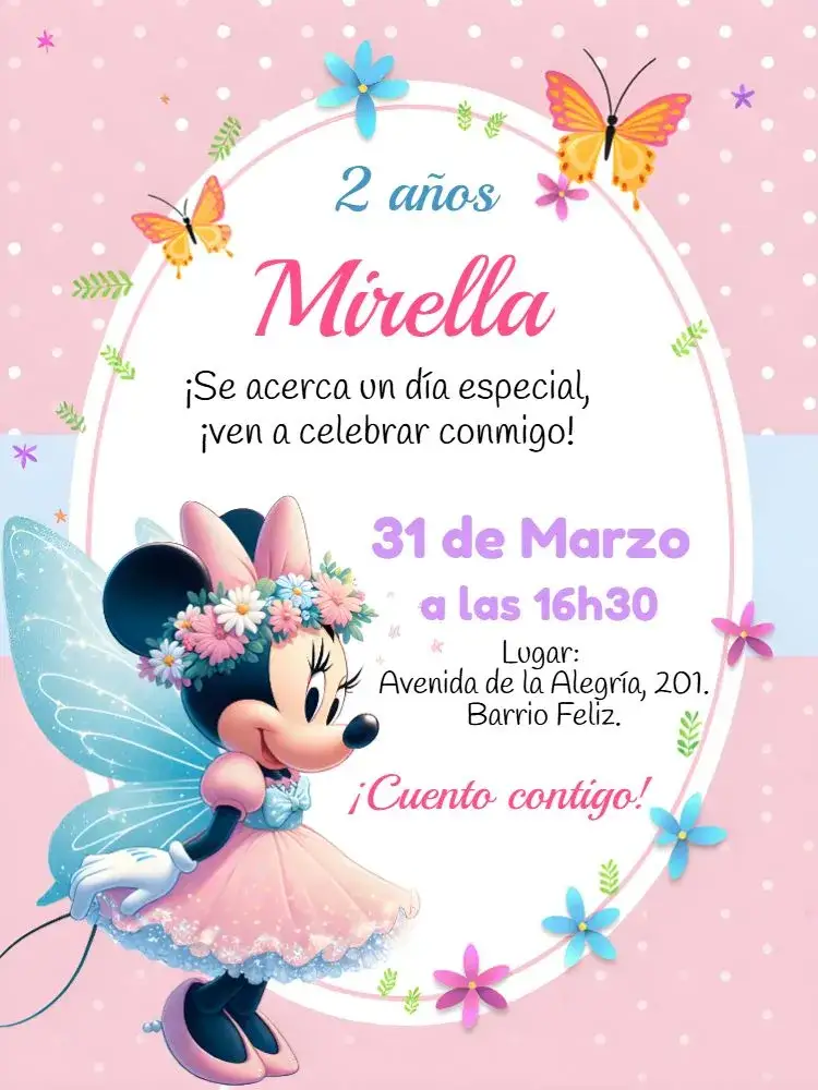Invitación Minnie Mouse Hada Mariposa – tema Más buscados floral, pastel, infantil, mágico, delicado, colorido