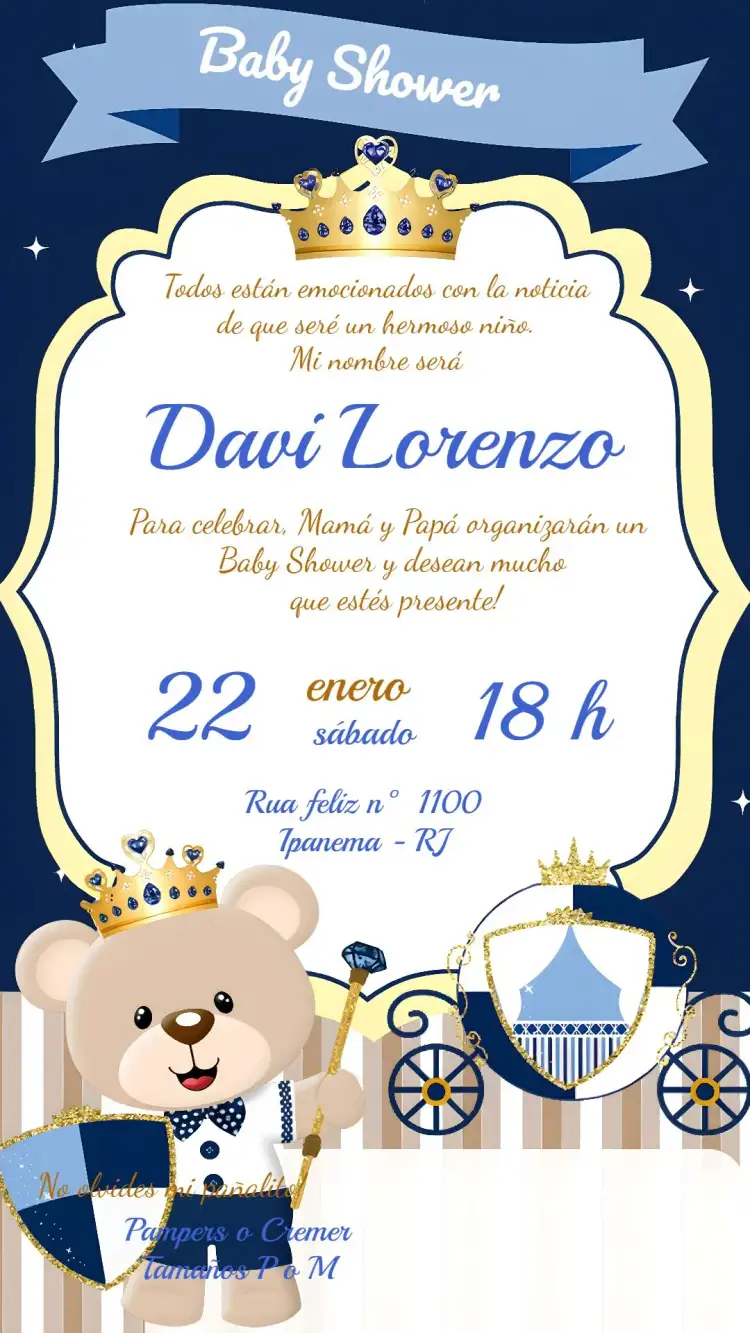 Invitación Baby Shower Príncipe Bear Gifts – tema Baby Shower dorado, brillantina, moderno, infantil, realeza, azul