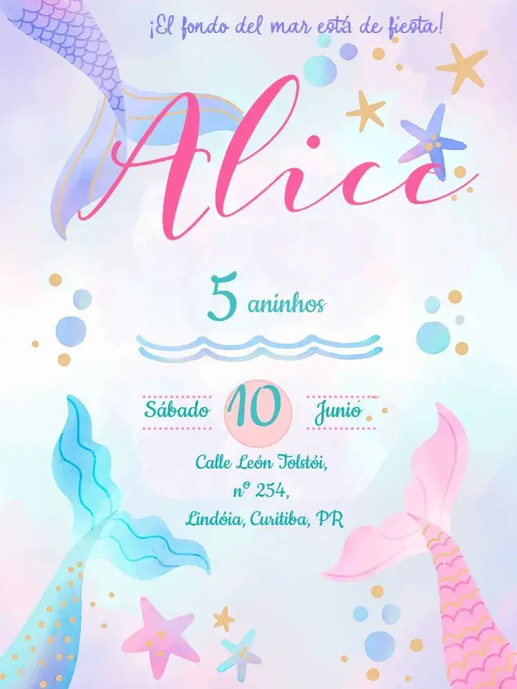 Invitación Sirena Mar – tema Cumpleaños Infantil colorido, marino, de fantasía, mágico, brillante, divertido