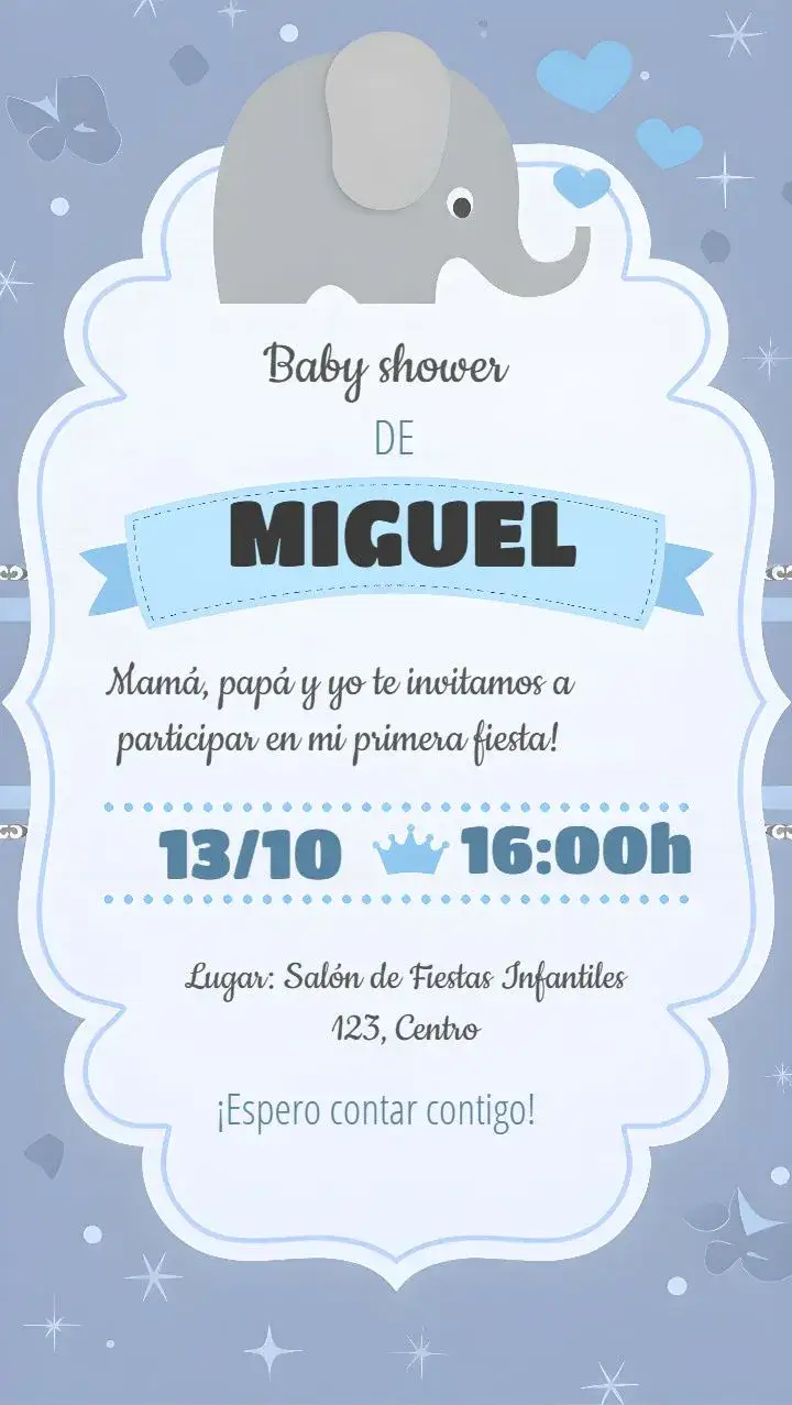 Invitación Baby Shower Elefante Elefantinho – tema Baby Shower color caramelo, moderno, juguetón, infantil, minimalista, divertido