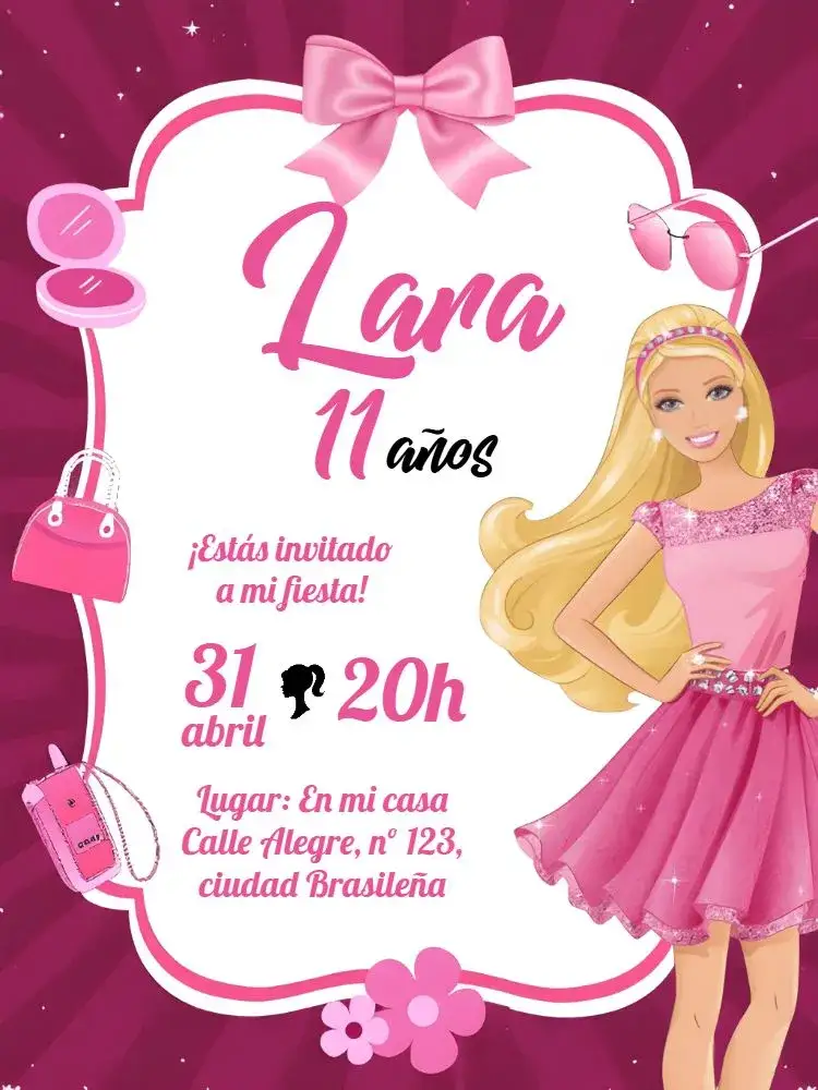 Invitación Marco de Barbie – tema Más buscados rosa, negro, divertido, temático, moderno, elegante