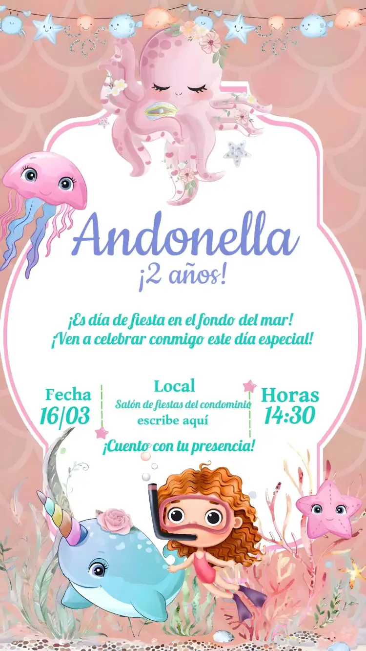 Invitación Fondo Del Mar Niña – tema Cumpleaños Infantil fondo marino, sirenas, tonos rosados, elementos marinos, divertido, colorido