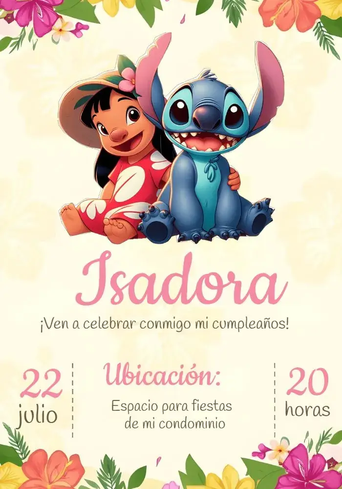 Invitación Stitch Y Lilo Floral