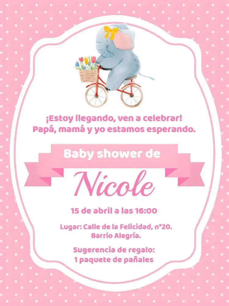 Invitación Baby Shower Elefantita Niña – tema Despedida de Soltera rosas y blancos, animales lindos, lúdico y divertido, delicado y suave, moderno y práctico