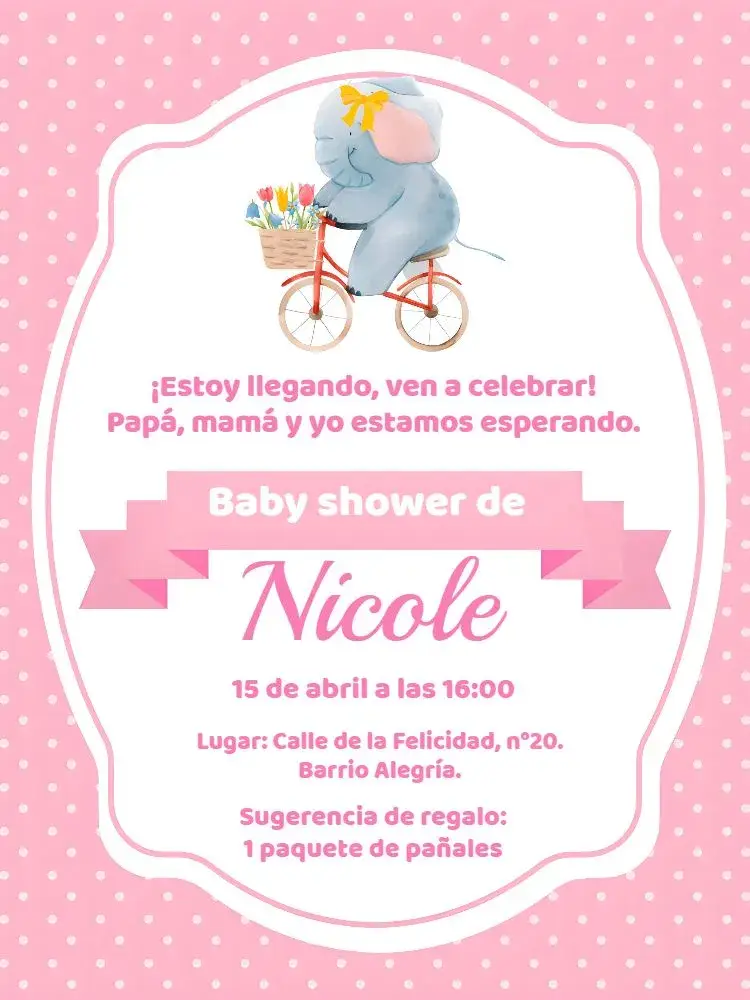 Invitación Baby Shower Elefantita Niña