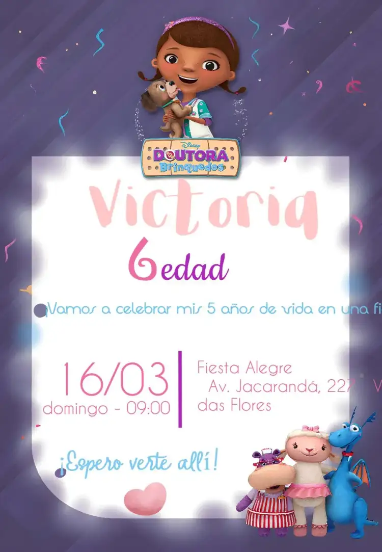 Invitación Doctora Juguetes Infantil – tema Cumpleaños Infantil colorido, divertido, infantil, personajes, juguetes, feliz