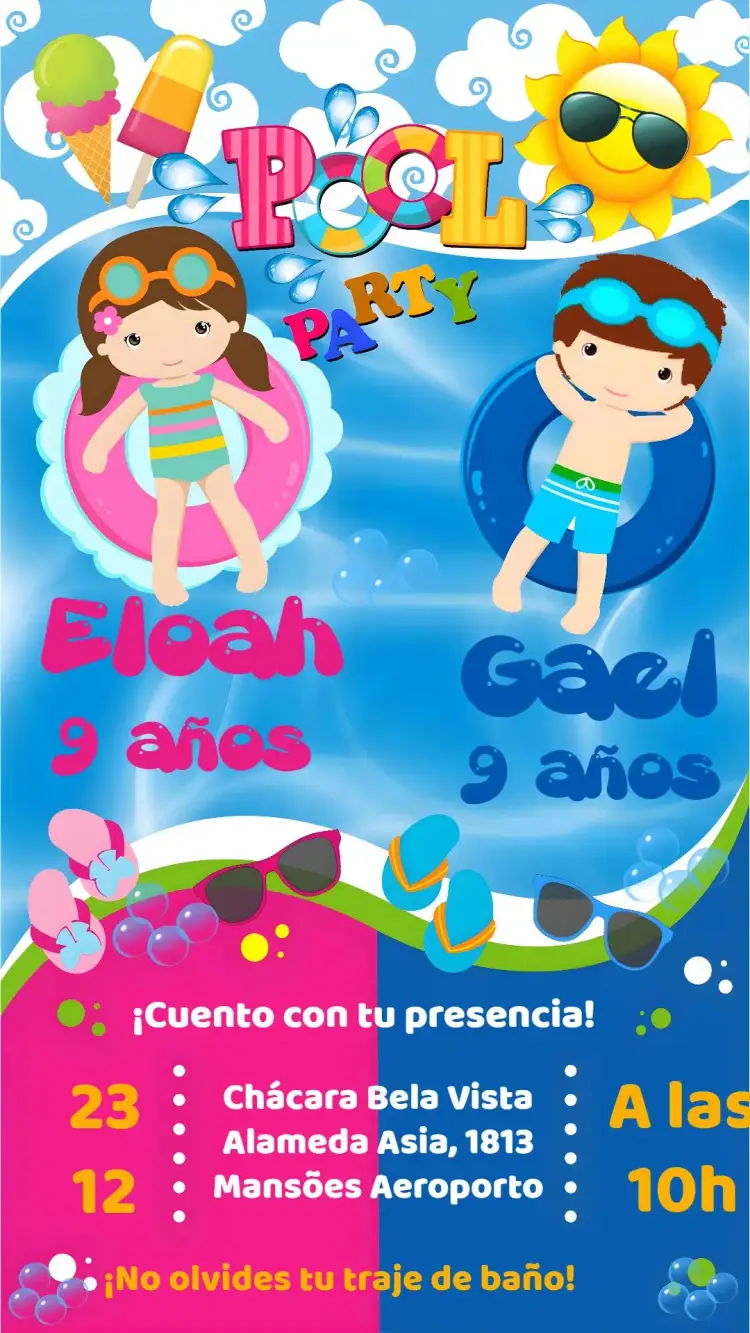 Invitación Pool Party – tema Cumpleaños Infantil colorido, tropical, verano, divertido, acuático, ilustraciones de piscina