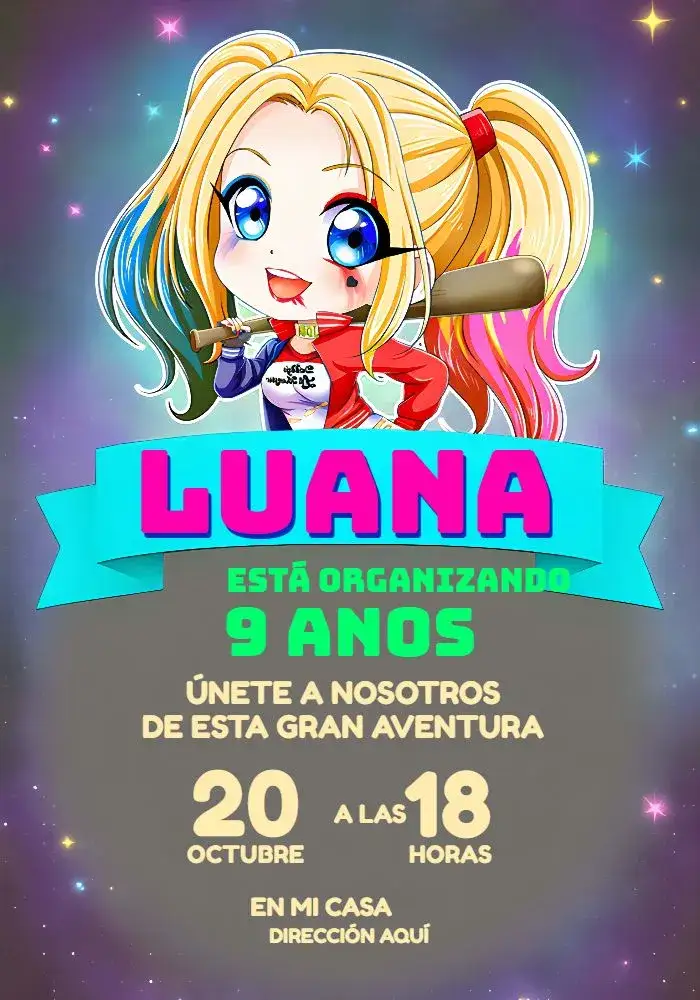 Invitación Arlequina Cómics – tema Cumpleaños Infantil cómics, carnaval, colorido, divertido, juvenil