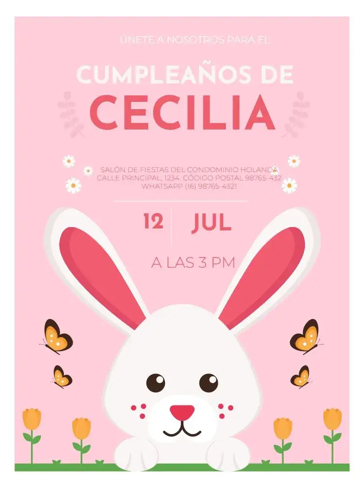 Invitación Infantil Femenino Conejita Rosa Mariposa – tema Cumpleaños Infantil floral, delicado, lúdico, rosa, moderno