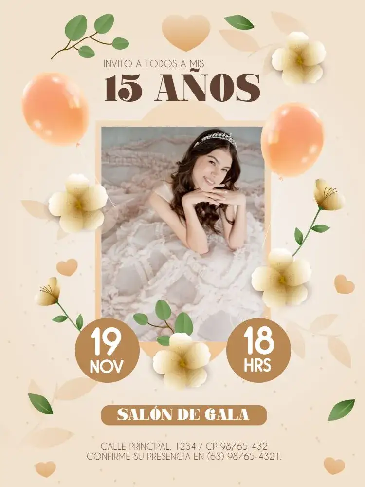 Invitación 15 Años Con Foto Durazno – tema Cumpleaños Infantil floral, delicado, suave, moderno, elegante