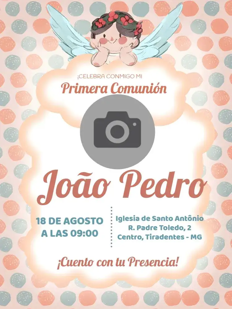 Invitación Primera Comunión Con Foto Niña – tema Primera Comunión delicado, angelical, poá, suave, colorido