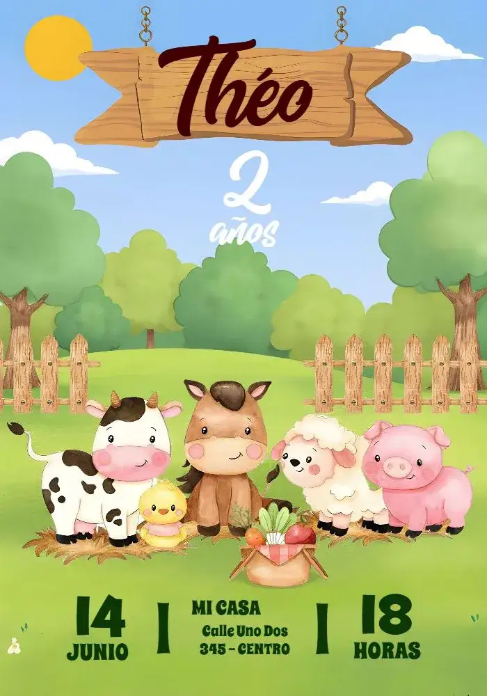 Invitación Granja de Animales – tema Más buscados colorido, acuarela, divertido, infantil, rústico