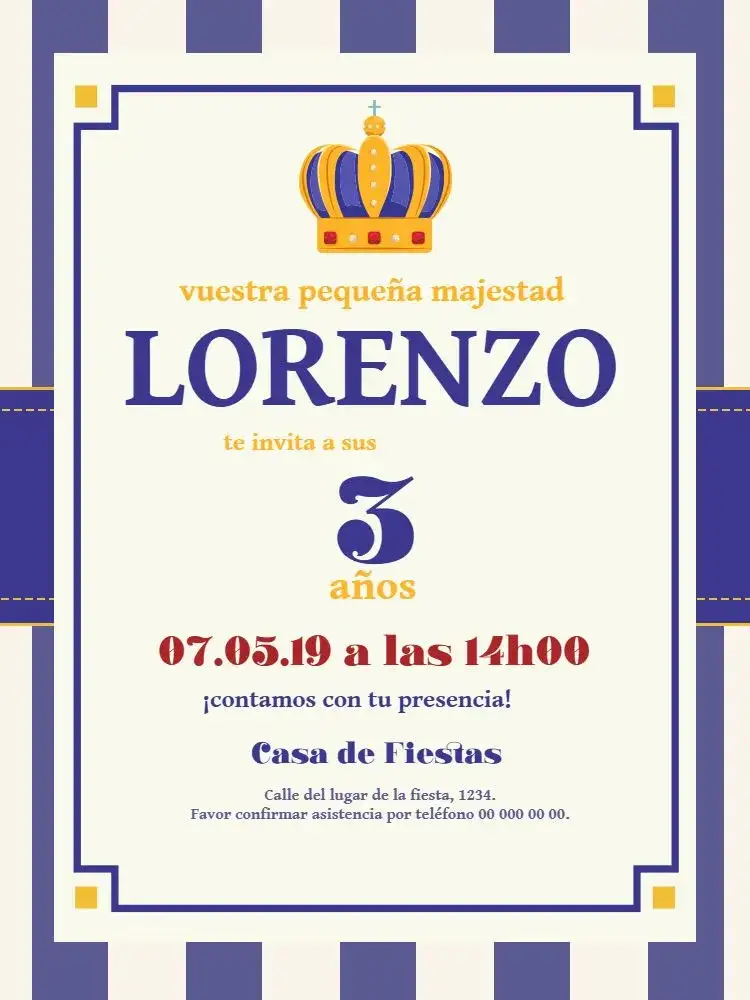 Invitación Príncipe Azul – tema Baby Shower azul, dorado, delicado, infantil, corona, moderno