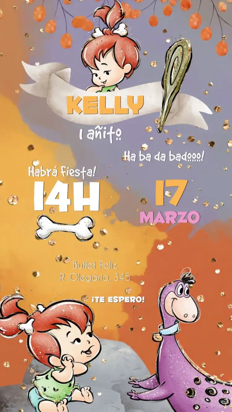 Invitación Pedrita Flinstones Edad – tema Cumpleaños Infantil colorido, divertido, temático de Los Picapiedra, estilo de dibujos animados, vintage, lúdico