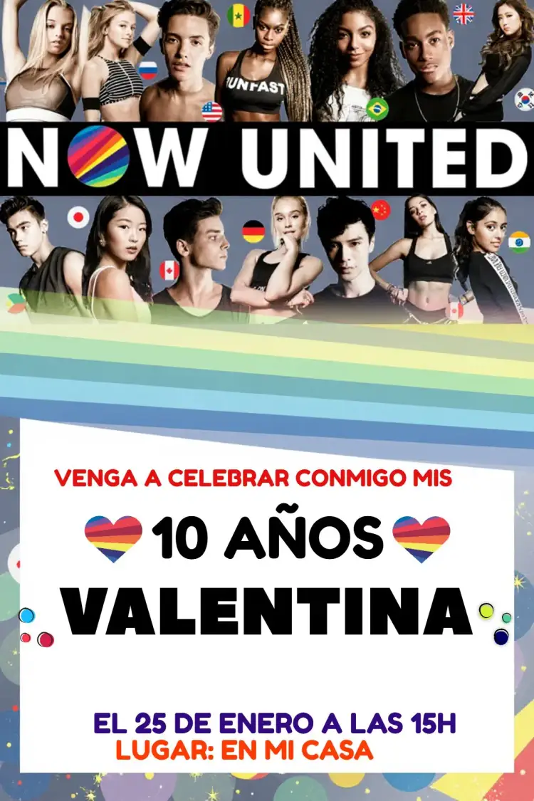 Invitación Now United – tema Más buscados moderno, vibrante, musical, joven, colorido