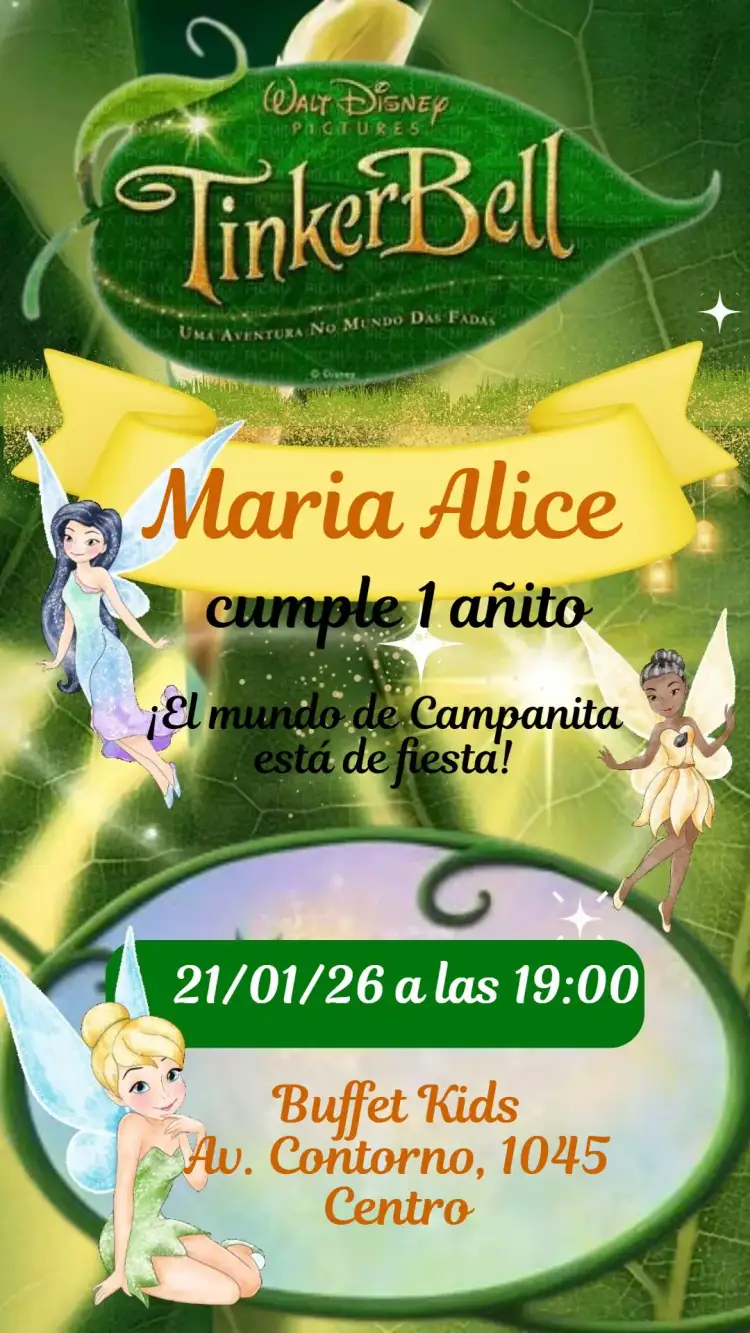 Invitación Campanita – tema Cumpleaños Infantil mágico, colorido, fantasía, infantil, lúdico, tropical