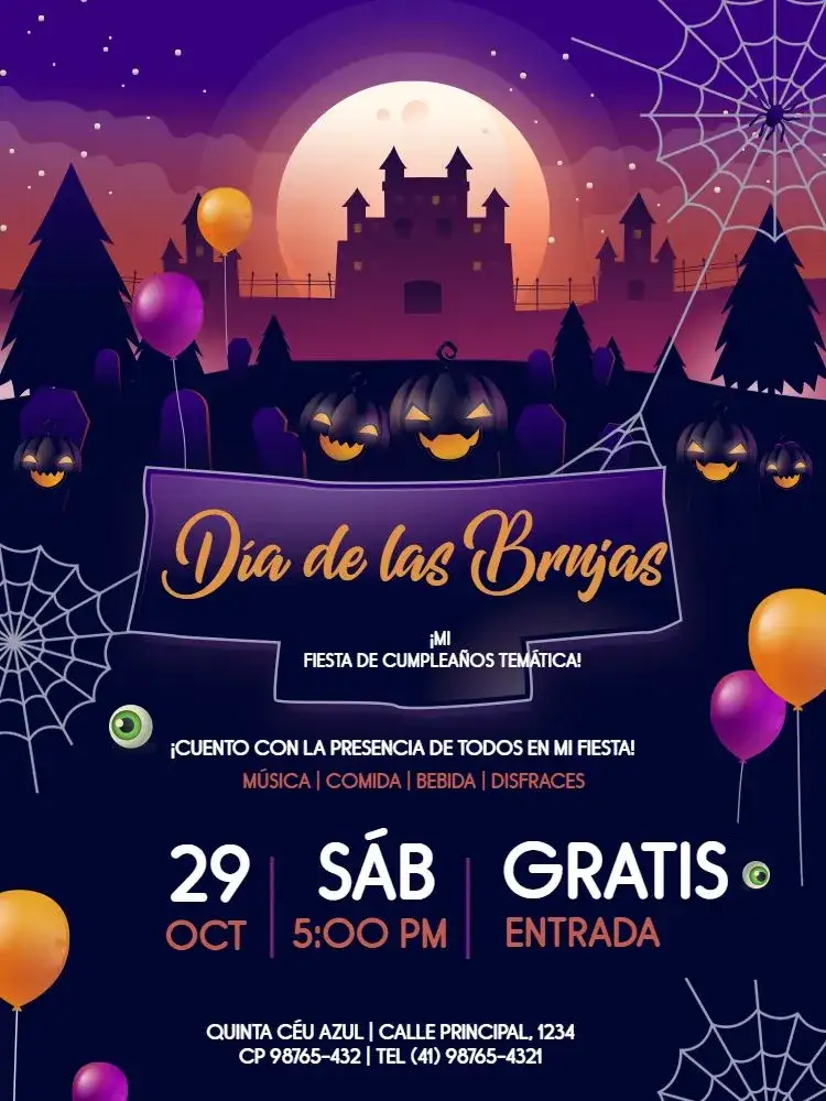 Invitación Día De Las Brujas Oscuras – tema Cumpleaños Infantil oscuro, morado, divertido, terror, fiesta temática, fantasía