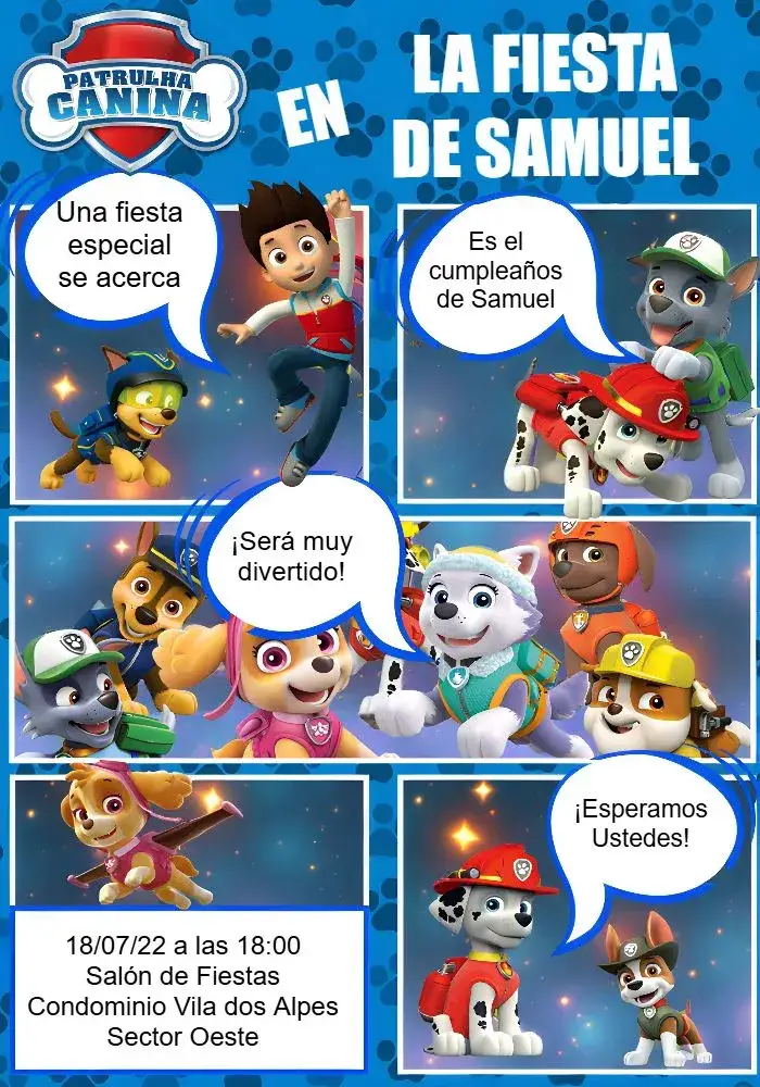 Invitación Patrulla Canina Cómics Colorido – tema Cumpleaños Infantil colorido, divertido, infantil, de cómics, animado