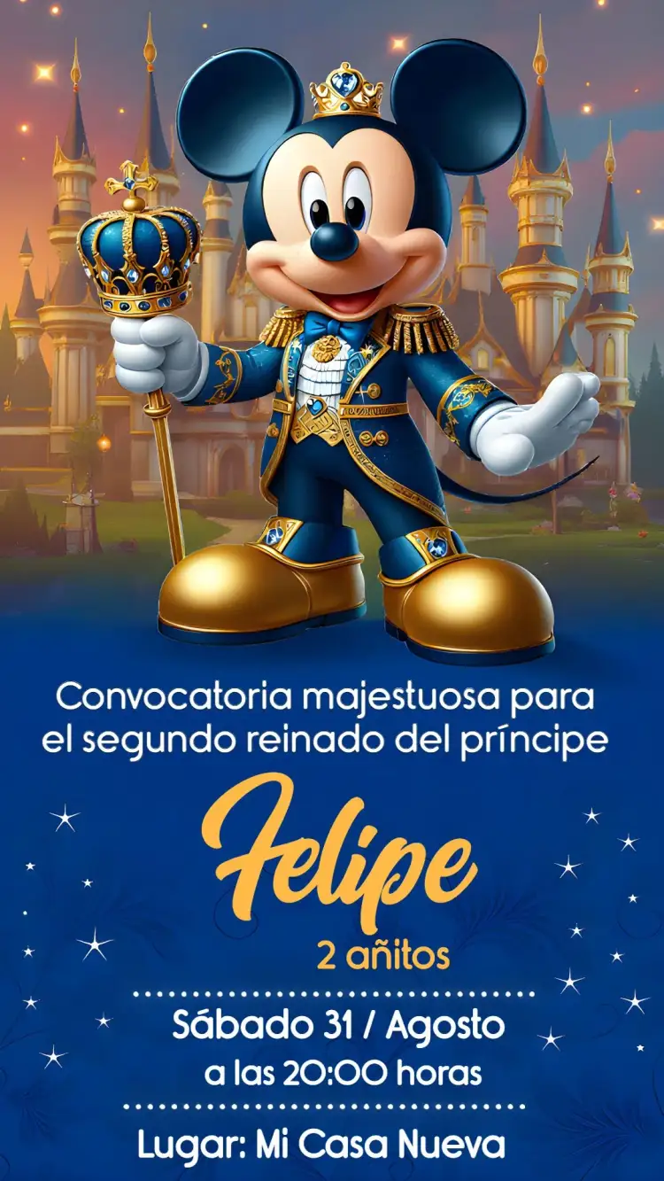 Invitación Mickey Mouse Realeza Azul – tema Más buscados azul, temático, Disney, infantil, encantado, divertido