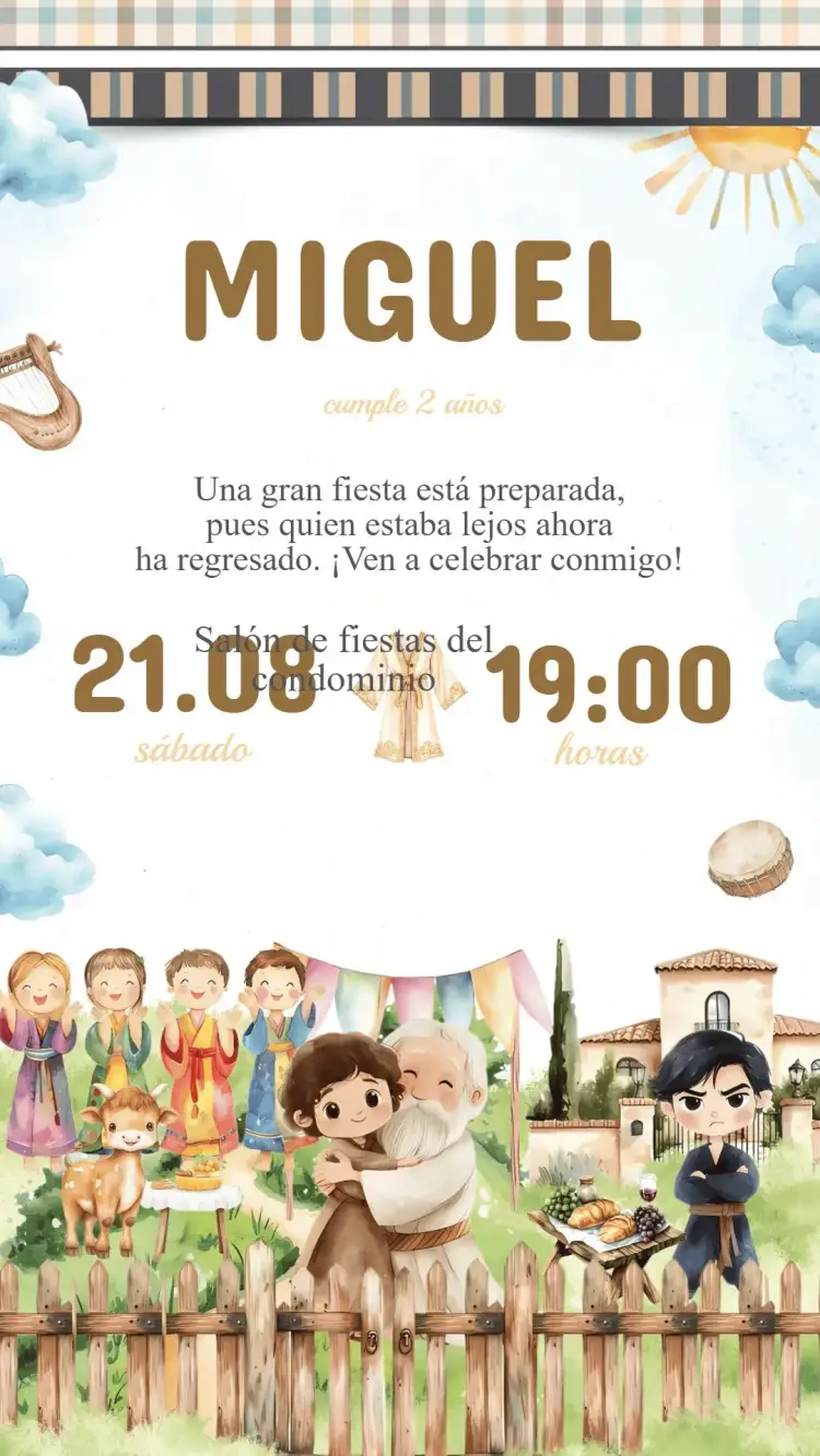 Invitación Invitación Cumpleaños El Hijo Pródigo – tema Cumpleaños Infantil ilustraciones coloridas, temática infantil, estilo lúdico, diseño moderno, elementos gráficos divertidos