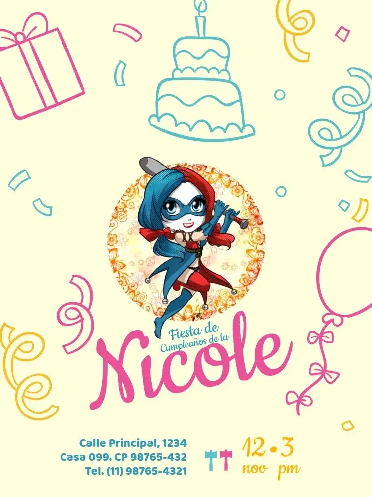 Invitación Arlequina Personaje Lindo – tema Cumpleaños Infantil colorido, divertido, temático, vibrante, infantil