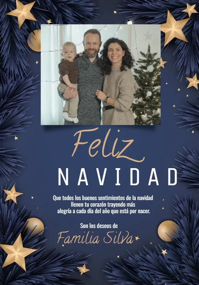 Invitación Tarjeta De Navidad Con Foto Regalos – tema Fechas Conmemorativas azul, dorado, nieve, Navidad, flores, moderno