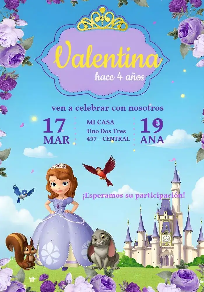 Invitación Princesa Sofia Niña – tema Más buscados morado, princesas, de fantasía, lúdico, colorido