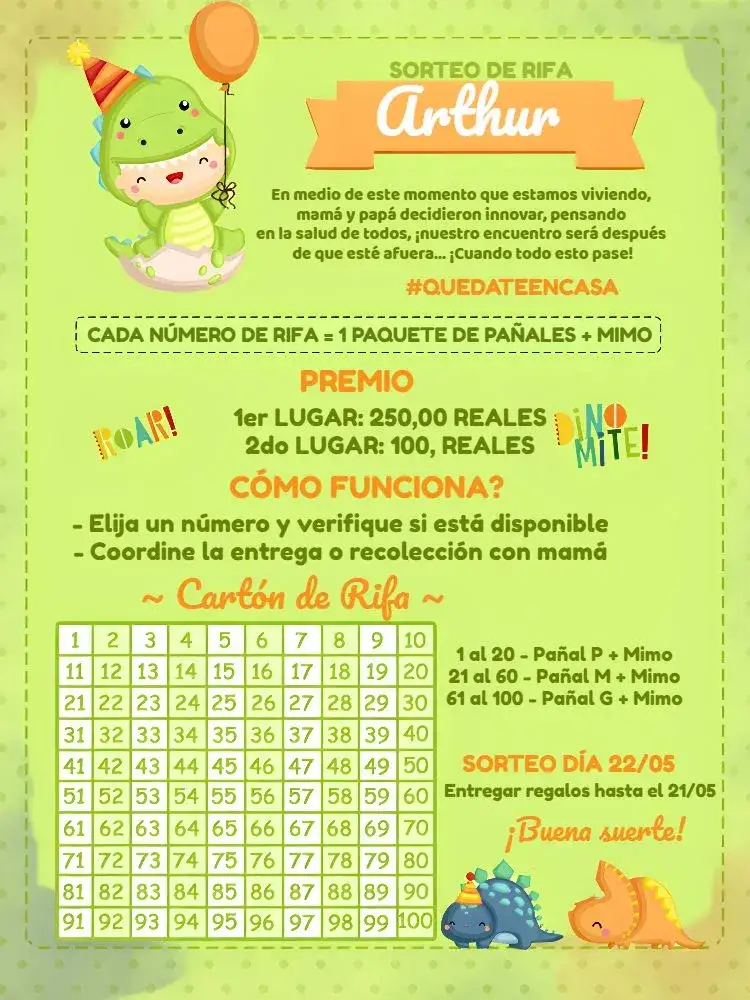 Invitación Té Rifa Dino Baby Blanco – tema Té Rifa dinosaurio, colorido, infantil, lúdico, tierno