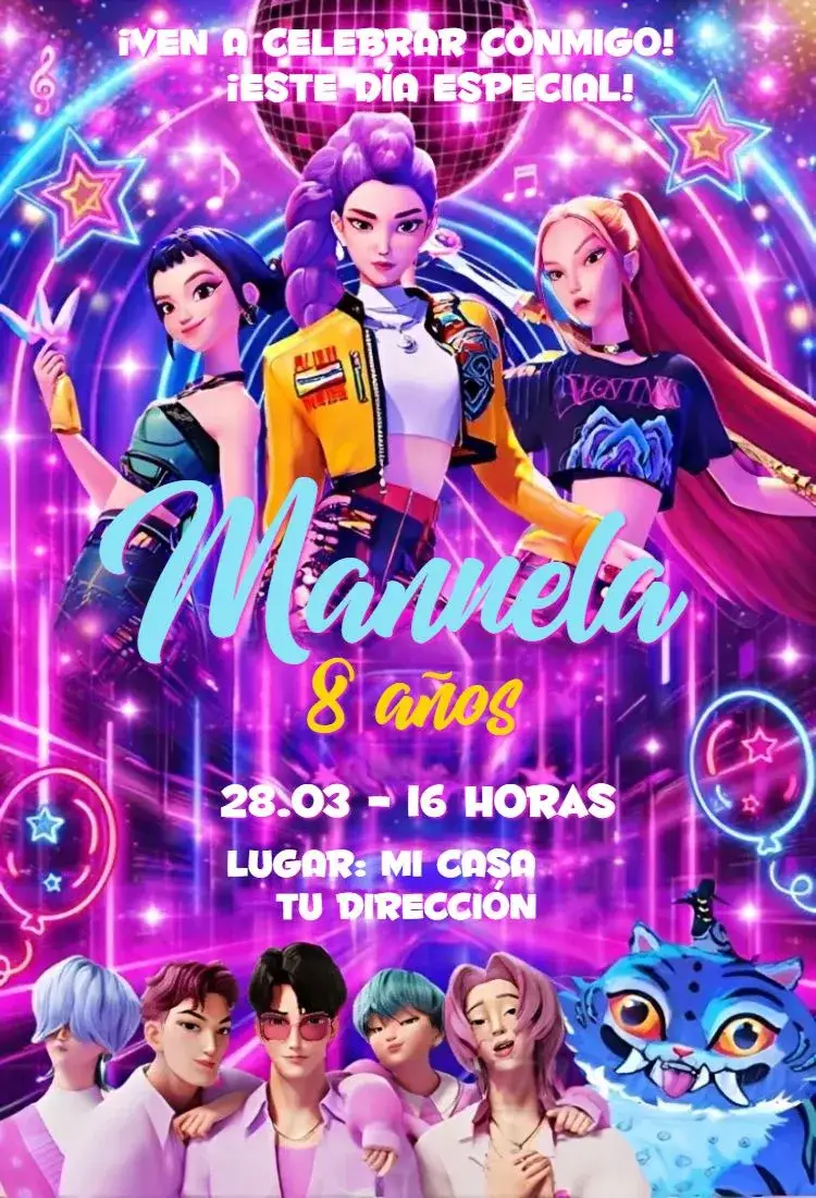 Invitación Guerreras del Kpop 12 – tema Cumpleaños colorido, moderno, pop, temático, divertido