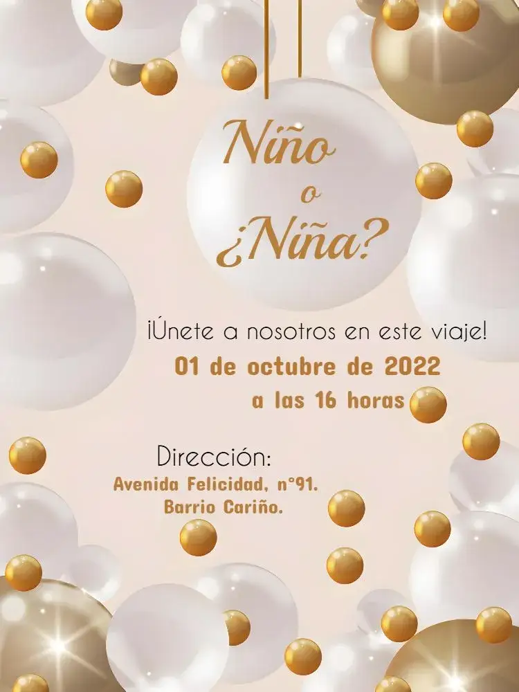 Invitación Fiesta de Revelación de Género con Globos – tema Revelación Bebé dorado, blanco, marrón, neutro, globos, moderno