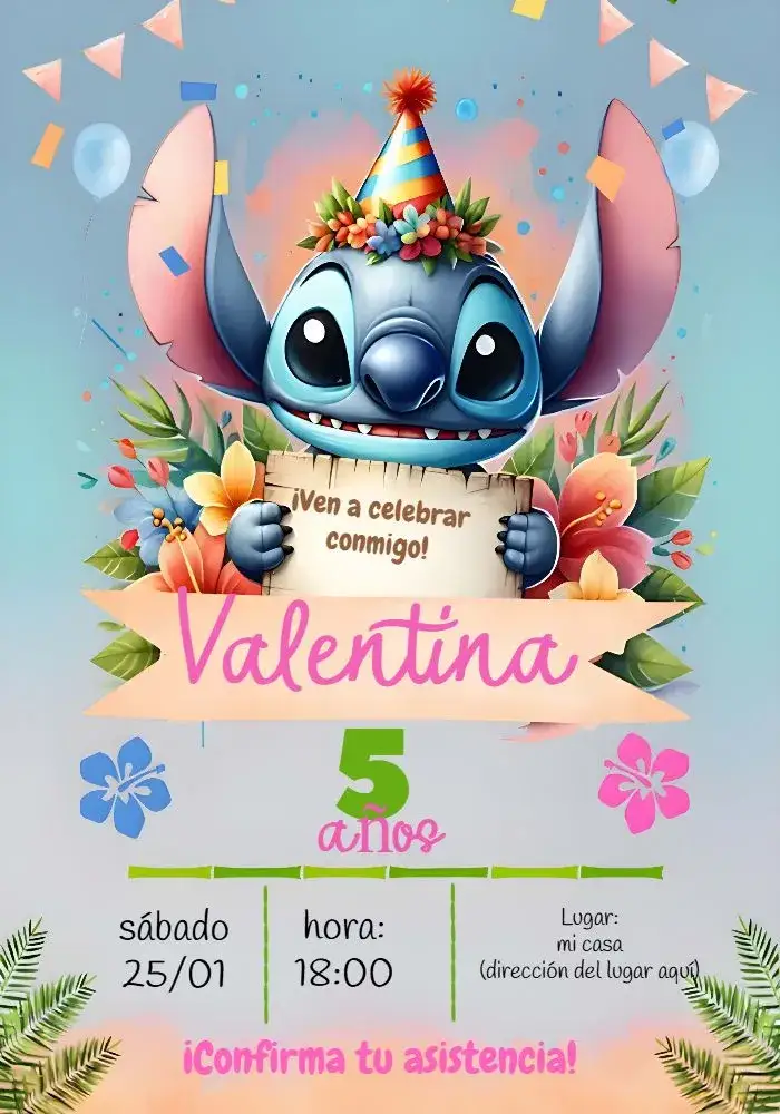 Invitación Stitch Chica – tema Más buscados acuarela, azul, infantil, colorido, divertido, temático